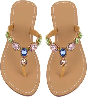 UTIKLIOU Women's Rhinestone Flat Sandals T-Strap Thong Sandals Summer Flat Sandals Flip Flop Sandals for Women