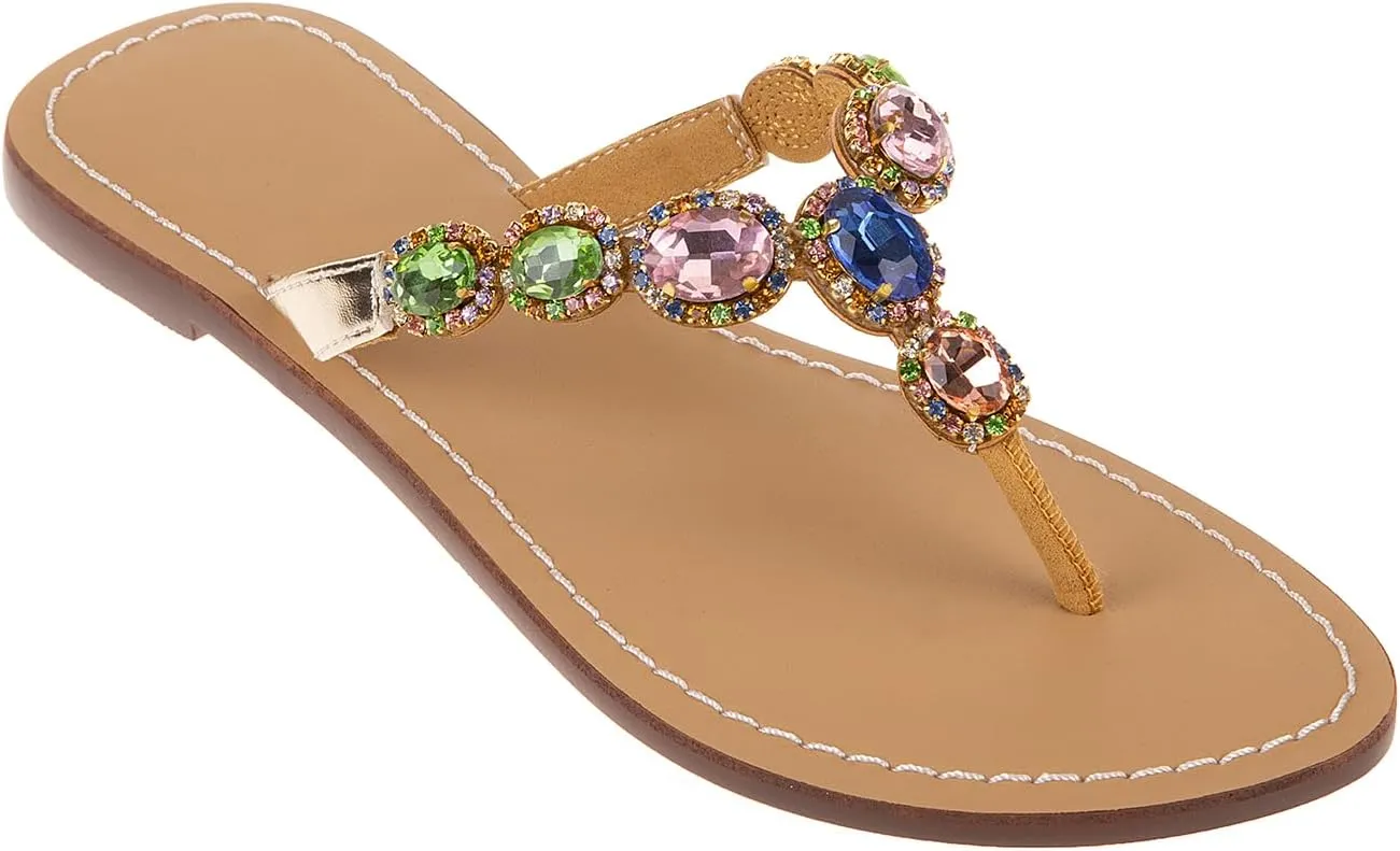 UTIKLIOU Women's Rhinestone Flat Sandals T-Strap Thong Sandals Summer Flat Sandals Flip Flop Sandals for Women