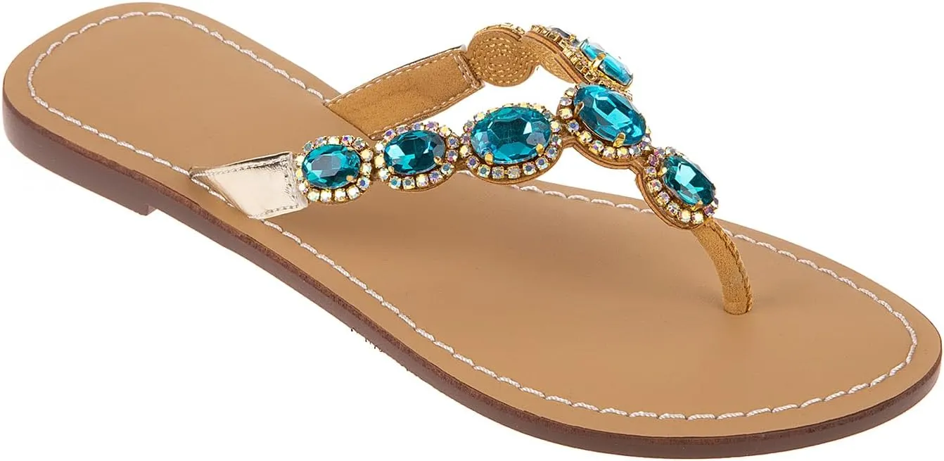 UTIKLIOU Women's Rhinestone Flat Sandals T-Strap Thong Sandals Summer Flat Sandals Flip Flop Sandals for Women