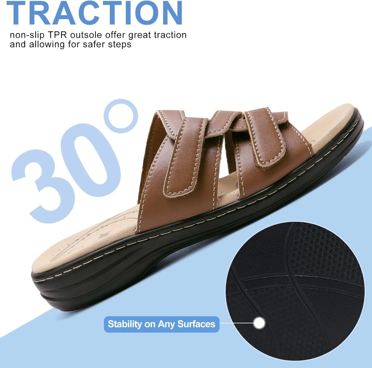 UZB Sandals for Women Orthotic Slides Adjustable Hook and Loop Flat Slide Sandals