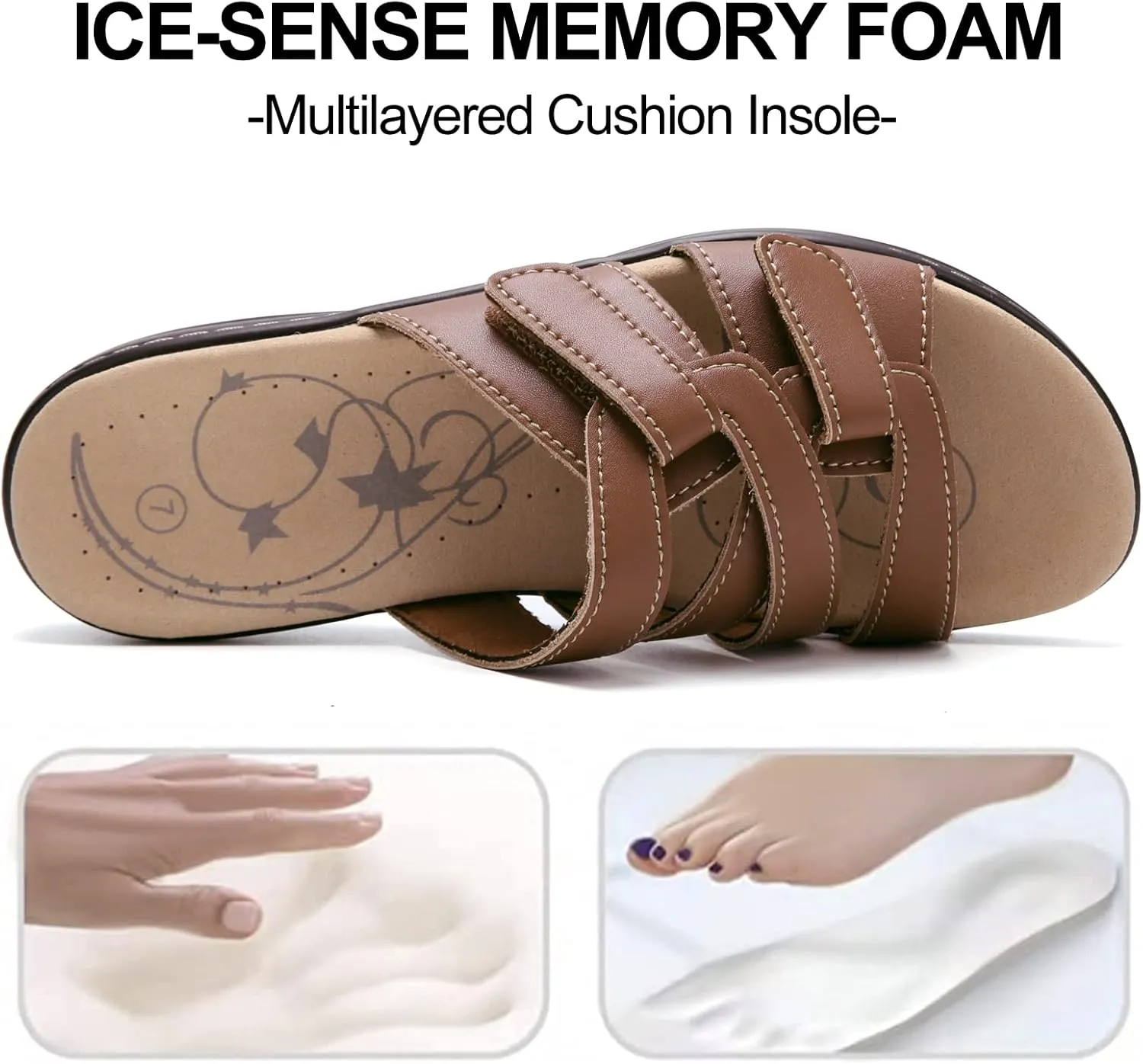 UZB Sandals for Women Orthotic Slides Adjustable Hook and Loop Flat Slide Sandals
