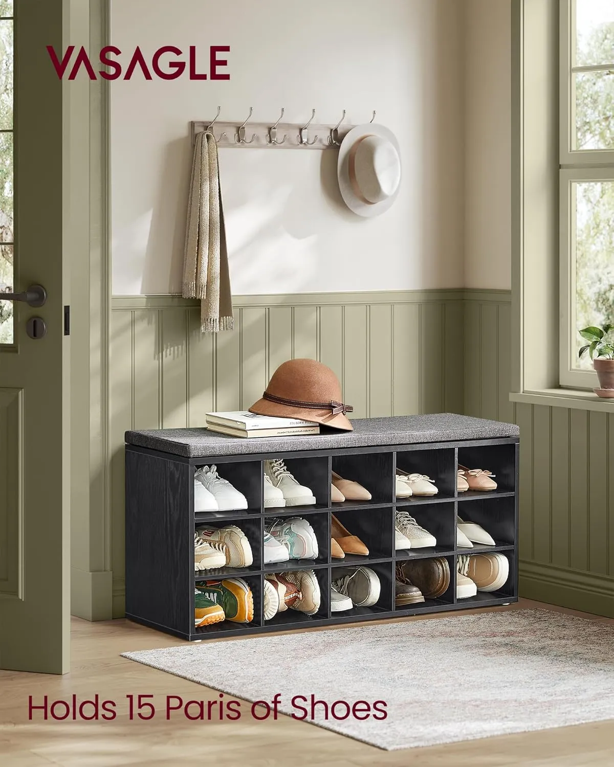 VASAGLE Custos Collection - Shoe Bench, Storage Bench with Padded Seat, Entryway Bench with 15 Compartments, for Bedroom, 11.8 x 41.3 x 18.9 Inches, Ebony Black and Slate Gray ULHS015B02