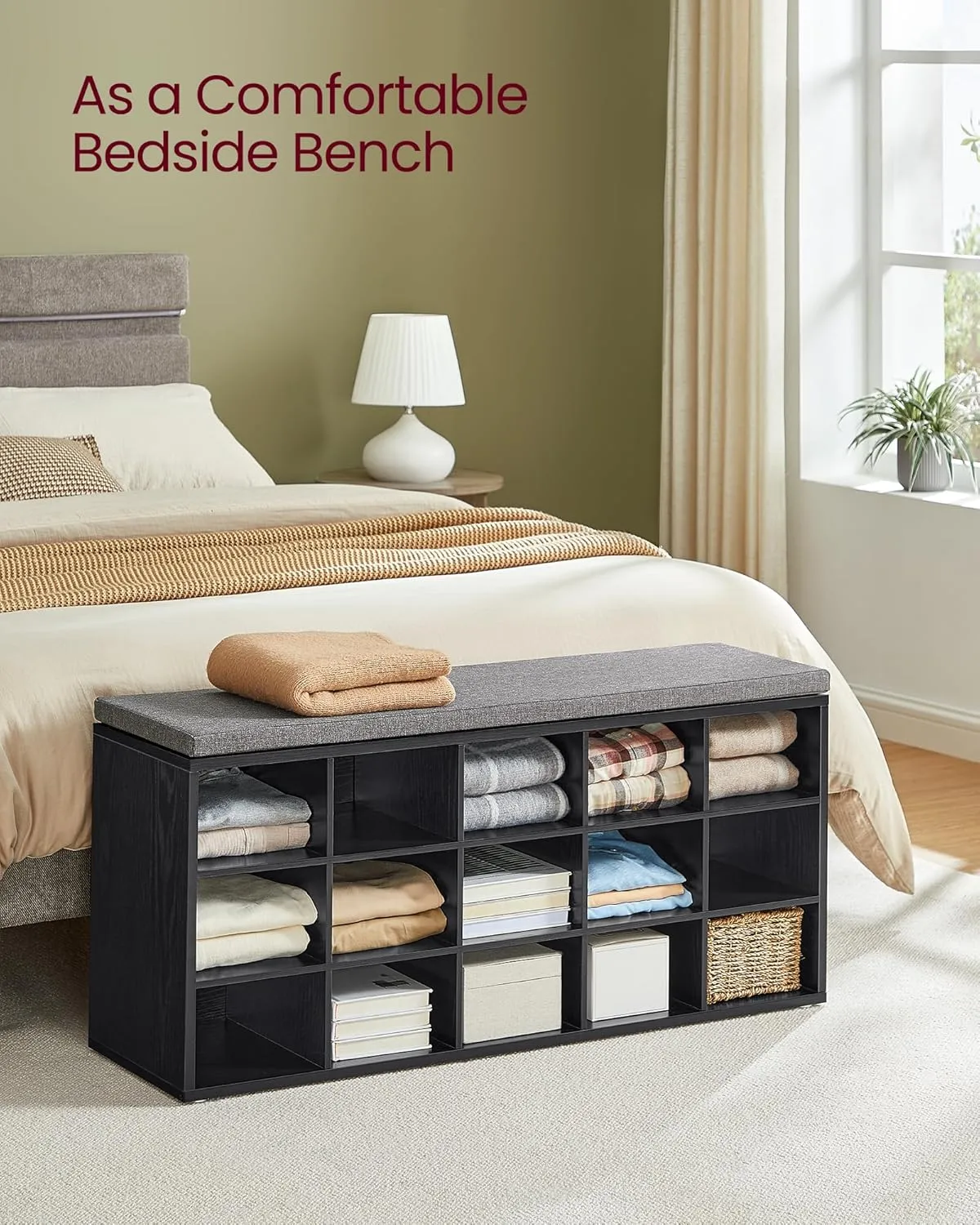 VASAGLE Custos Collection - Shoe Bench, Storage Bench with Padded Seat, Entryway Bench with 15 Compartments, for Bedroom, 11.8 x 41.3 x 18.9 Inches, Ebony Black and Slate Gray ULHS015B02