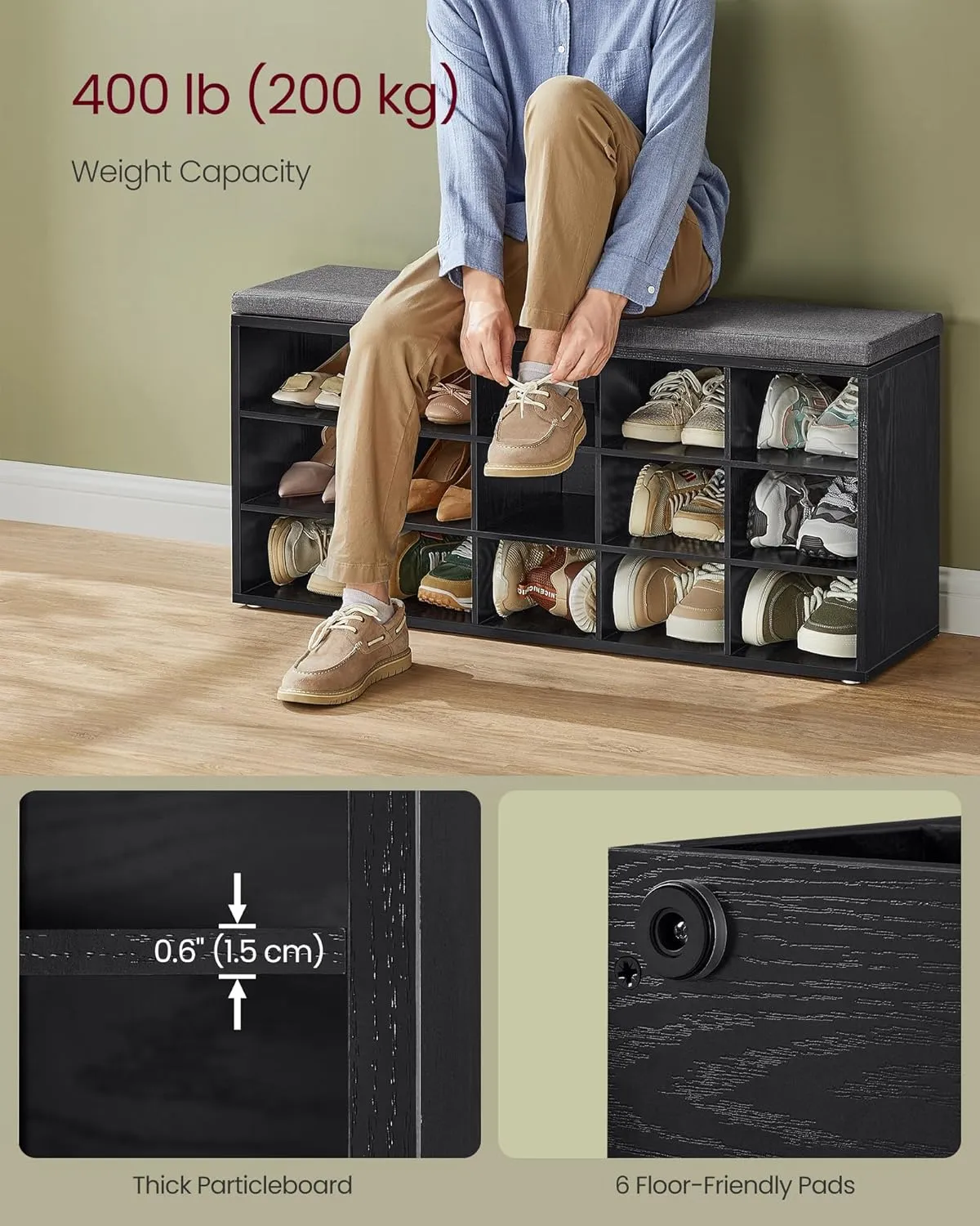 VASAGLE Custos Collection - Shoe Bench, Storage Bench with Padded Seat, Entryway Bench with 15 Compartments, for Bedroom, 11.8 x 41.3 x 18.9 Inches, Ebony Black and Slate Gray ULHS015B02