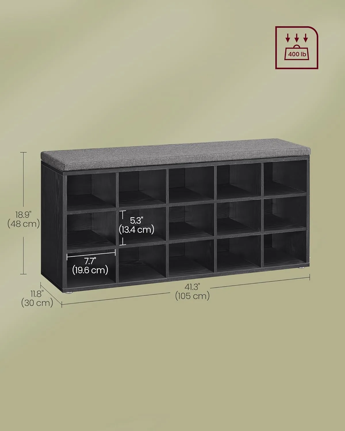 VASAGLE Custos Collection - Shoe Bench, Storage Bench with Padded Seat, Entryway Bench with 15 Compartments, for Bedroom, 11.8 x 41.3 x 18.9 Inches, Ebony Black and Slate Gray ULHS015B02
