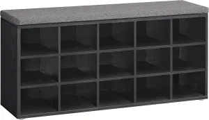 VASAGLE Custos Collection - Shoe Bench, Storage Bench with Padded Seat, Entryway Bench with 15 Compartments, for Bedroom, 11.8 x 41.3 x 18.9 Inches, Ebony Black and Slate Gray ULHS015B02