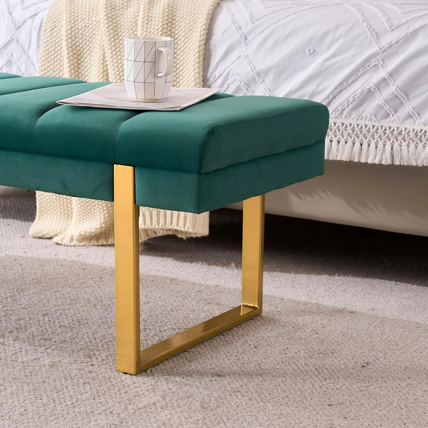 Velvet Ottoman Bedroom Bench, 46.5" Tufted Padded End of Bed Bench with Gold Legs, Upholstered Dining Table Bench Shoe Bench for Living Room Entryway Window (Green, 46" Wide)