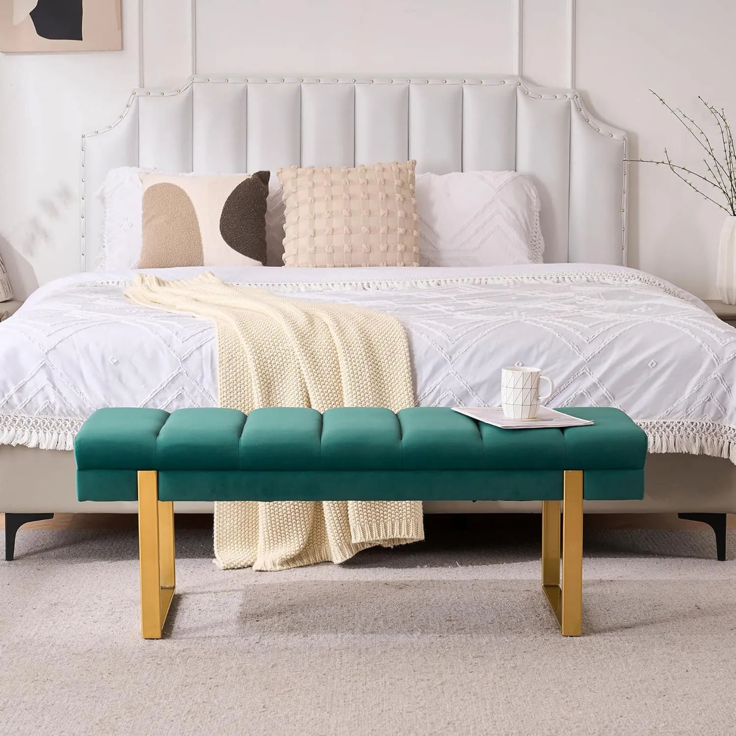 Velvet Ottoman Bedroom Bench, 46.5" Tufted Padded End of Bed Bench with Gold Legs, Upholstered Dining Table Bench Shoe Bench for Living Room Entryway Window (Green, 46" Wide)
