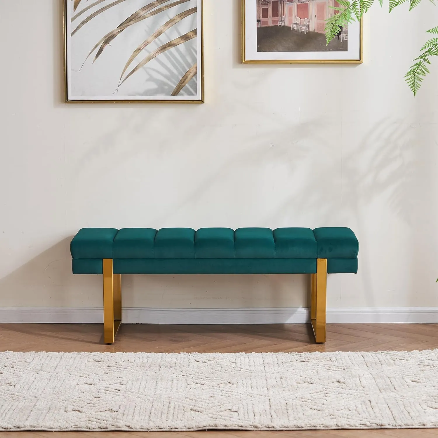Velvet Ottoman Bedroom Bench, 46.5" Tufted Padded End of Bed Bench with Gold Legs, Upholstered Dining Table Bench Shoe Bench for Living Room Entryway Window (Green, 46" Wide)