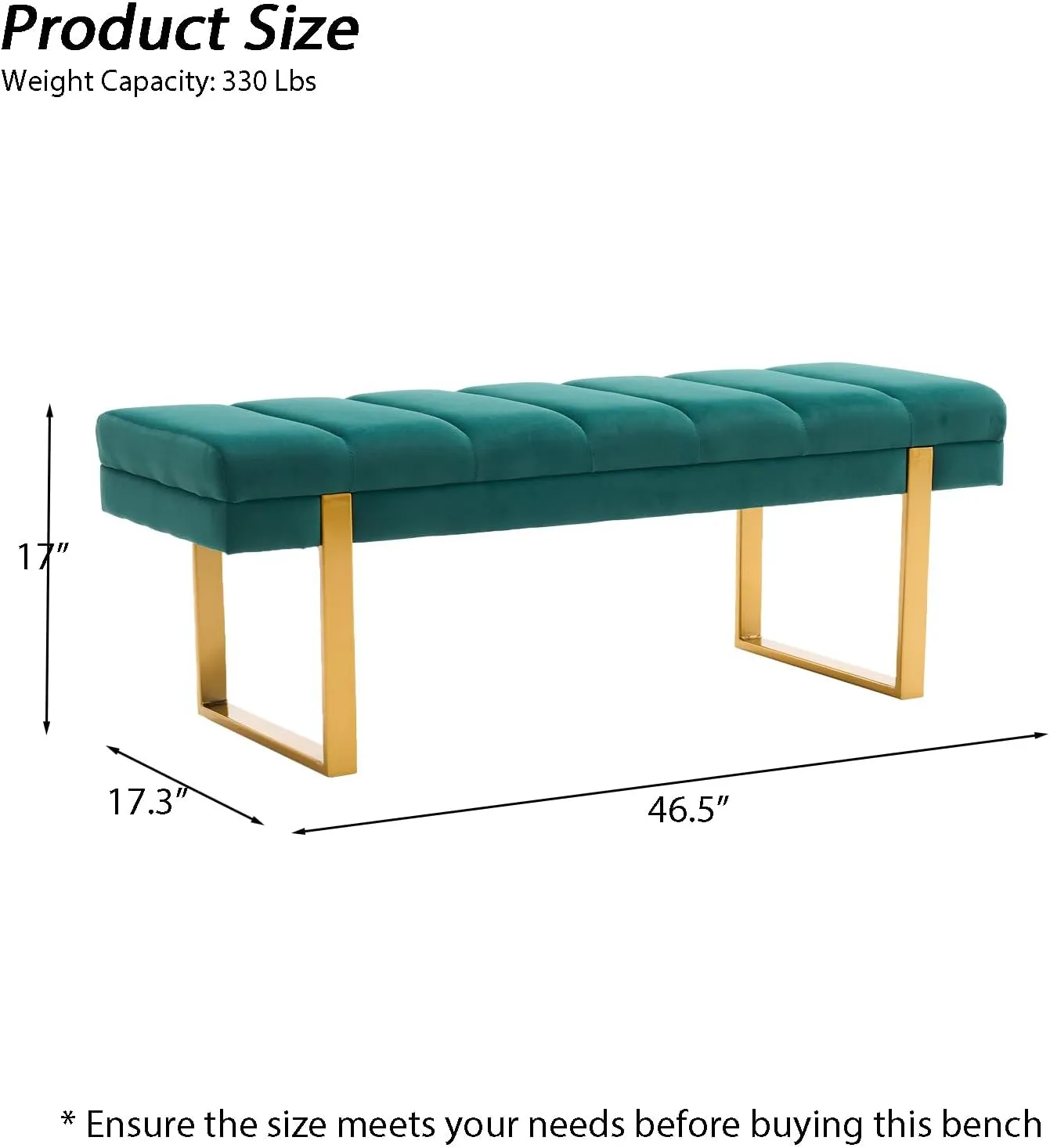 Velvet Ottoman Bedroom Bench, 46.5" Tufted Padded End of Bed Bench with Gold Legs, Upholstered Dining Table Bench Shoe Bench for Living Room Entryway Window (Green, 46" Wide)