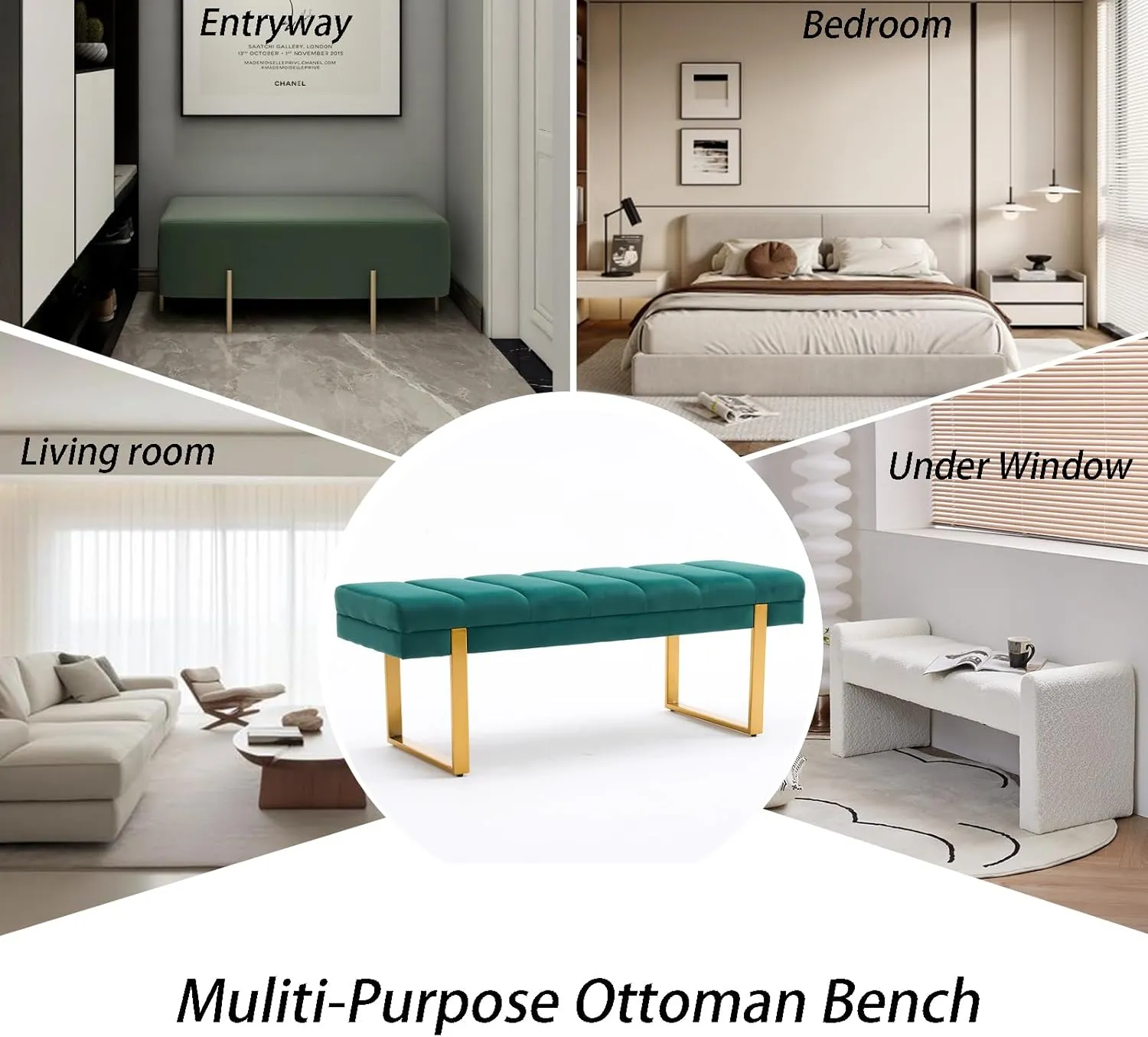 Velvet Ottoman Bedroom Bench, 46.5" Tufted Padded End of Bed Bench with Gold Legs, Upholstered Dining Table Bench Shoe Bench for Living Room Entryway Window (Green, 46" Wide)