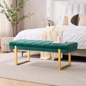 Velvet Ottoman Bedroom Bench, 46.5" Tufted Padded End of Bed Bench with Gold Legs, Upholstered Dining Table Bench Shoe Bench for Living Room Entryway Window (Green, 46" Wide)