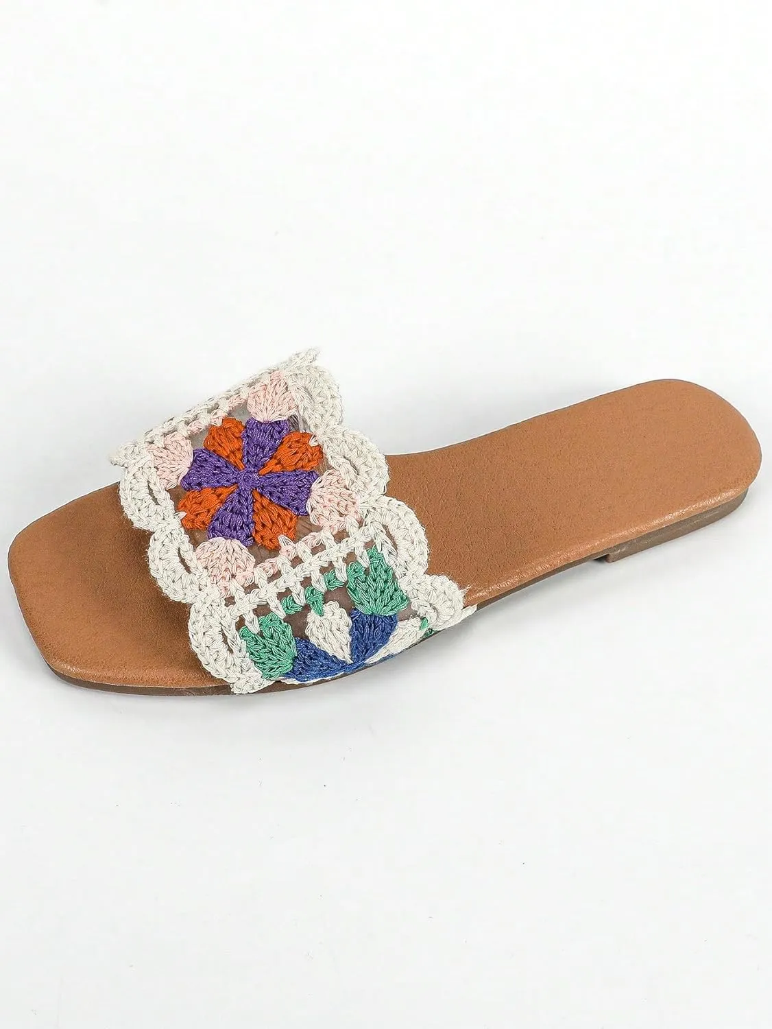 Verdusa Women's Crochet Flat Sandals Square Open Toe Slide Colorblock Trim Sandal