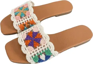Verdusa Women's Crochet Flat Sandals Square Open Toe Slide Colorblock Trim Sandal