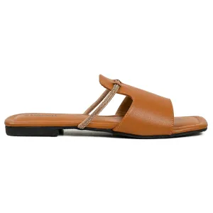Vibrant Ladies' Tan Flat Sandal – Elegant PU Leather Slip-On with Cushioned Insole & TPR Sole