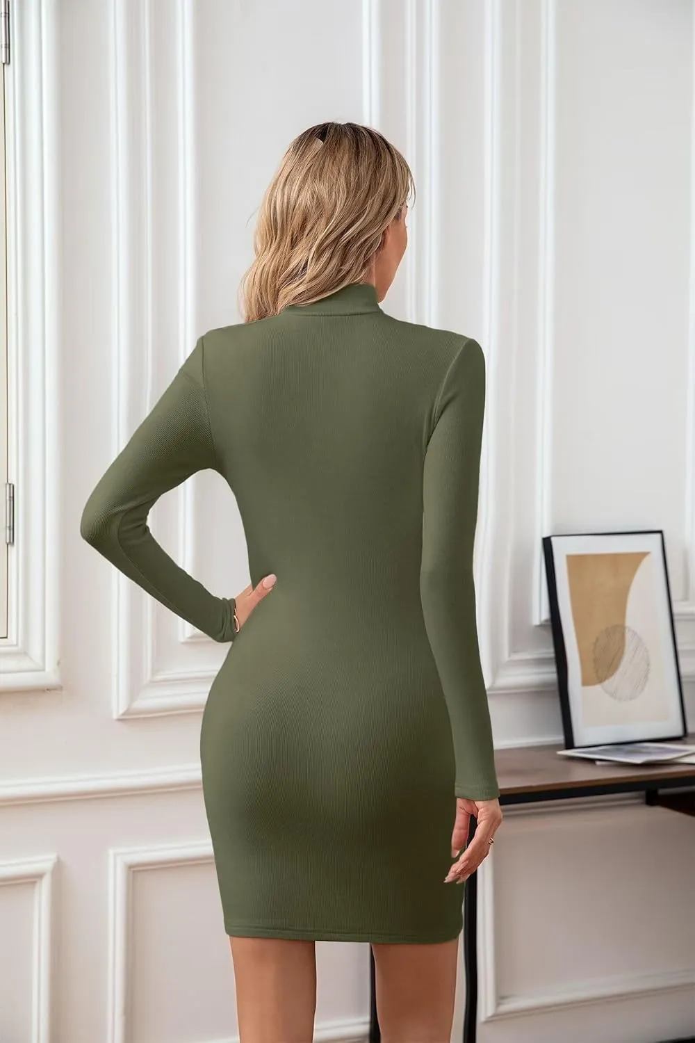VICHYIE Women Mock Neck Ribbed Bodycon Dress Long Sleeve Mini Pencil Dresses