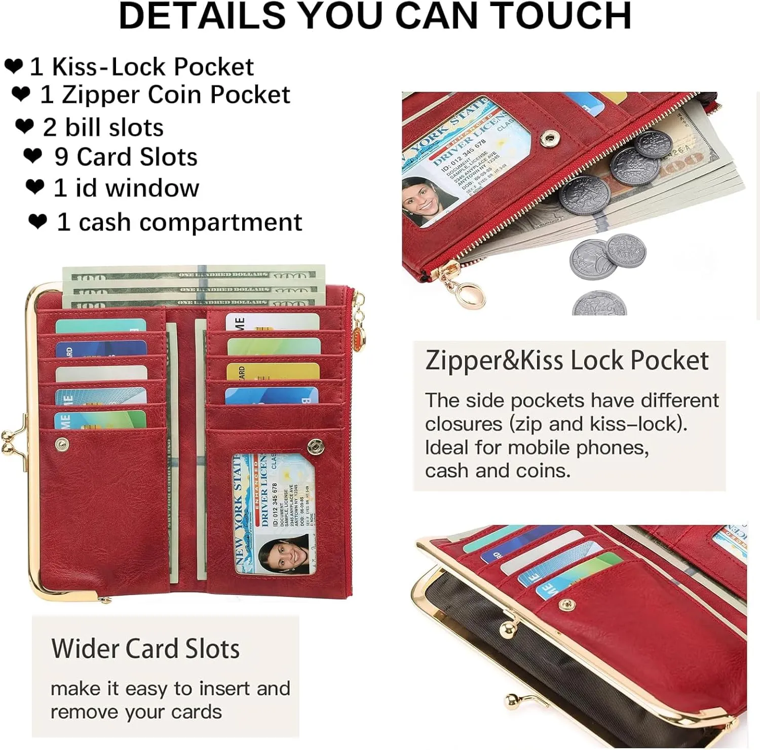 Vintage Wallets for Women Large Bifold Kiss Lock Wallet for Women Leather Zip Clutch Coin Purse