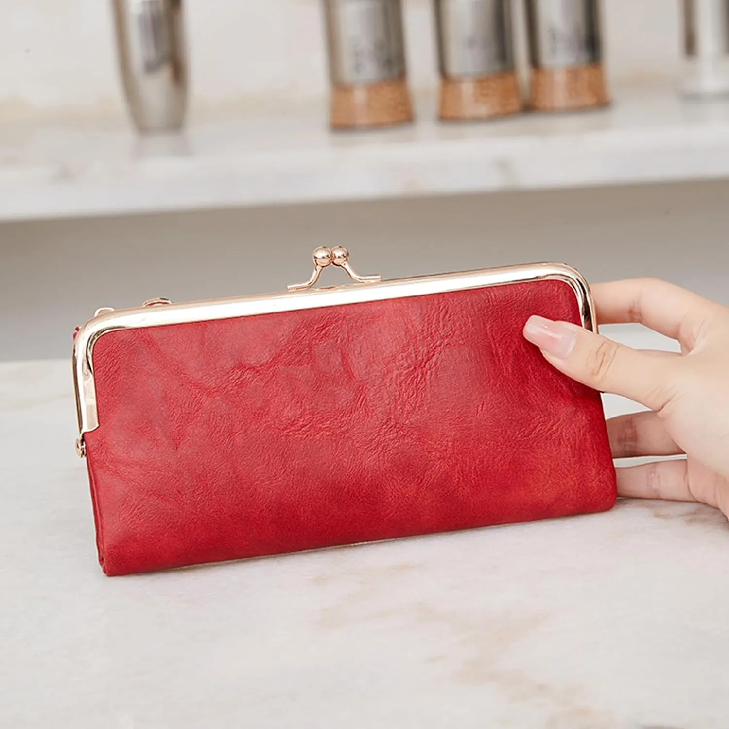 Vintage Wallets for Women Large Bifold Kiss Lock Wallet for Women Leather Zip Clutch Coin Purse