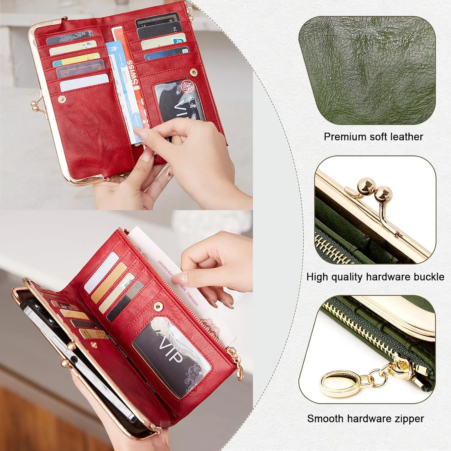 Vintage Wallets for Women Large Bifold Kiss Lock Wallet for Women Leather Zip Clutch Coin Purse