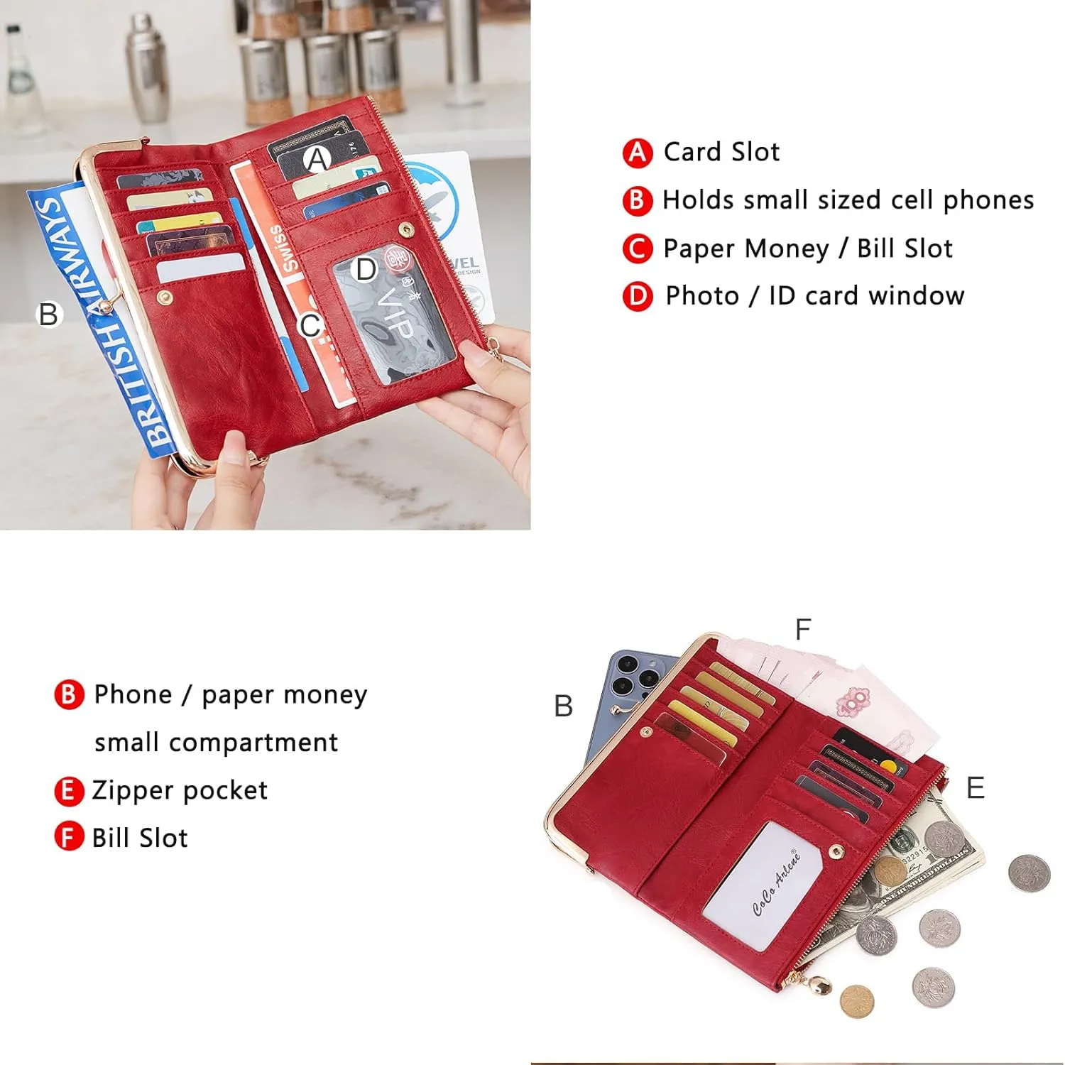 Vintage Wallets for Women Large Bifold Kiss Lock Wallet for Women Leather Zip Clutch Coin Purse