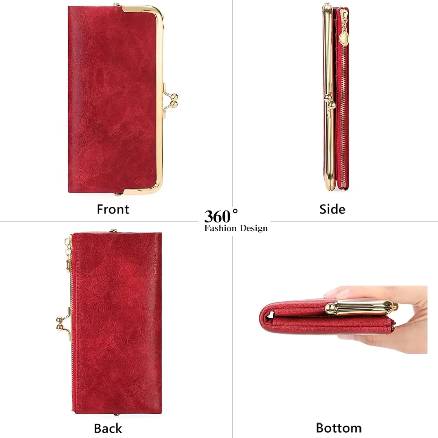 Vintage Wallets for Women Large Bifold Kiss Lock Wallet for Women Leather Zip Clutch Coin Purse