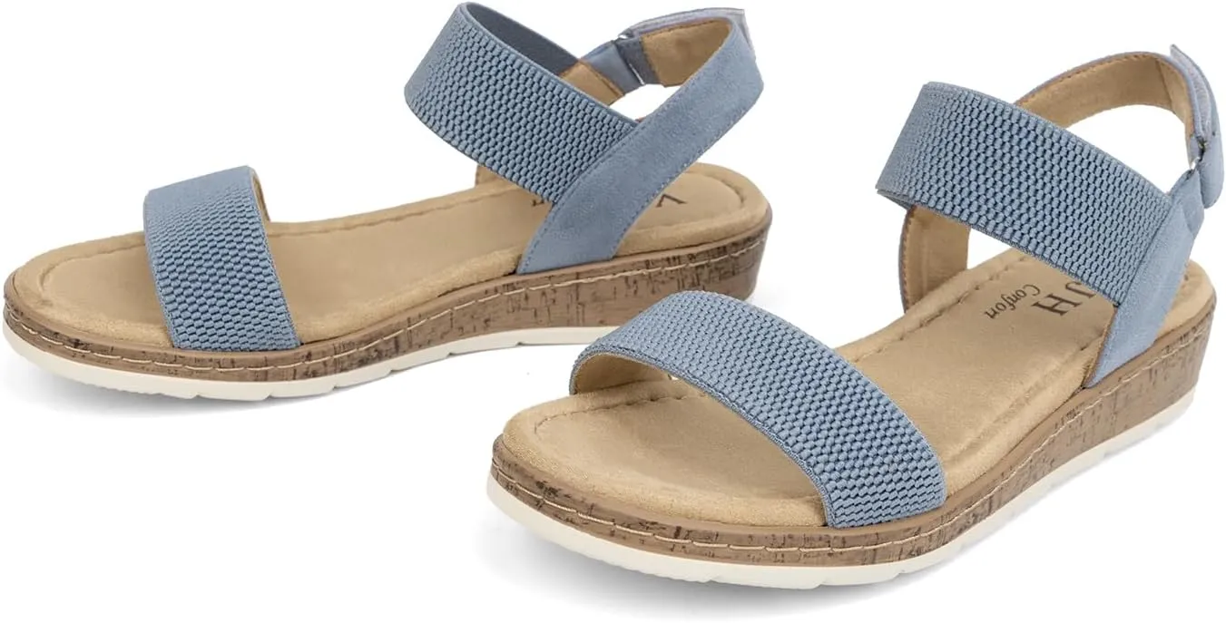 VJH confort Women’s Flat Sandals Open Toe Elastic Ankle Strap Slip on Comfy Low Wedge Sandals