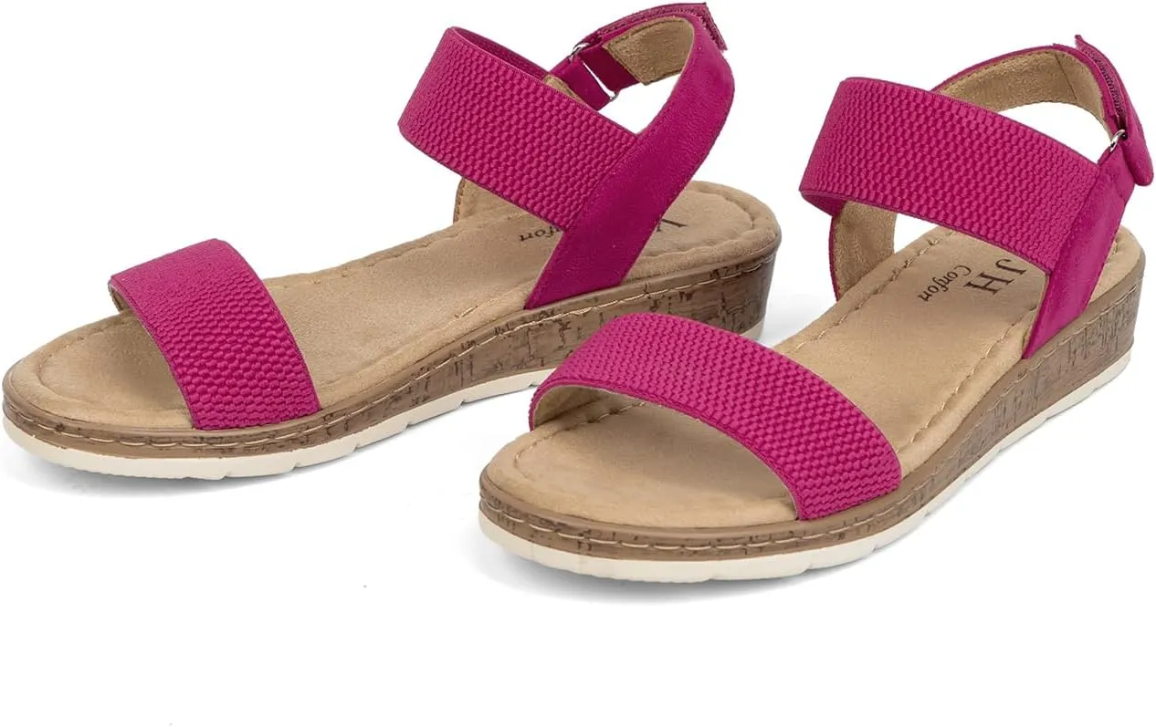 VJH confort Women’s Flat Sandals Open Toe Elastic Ankle Strap Slip on Comfy Low Wedge Sandals