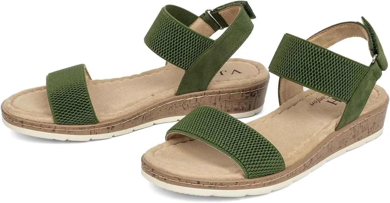 VJH confort Women’s Flat Sandals Open Toe Elastic Ankle Strap Slip on Comfy Low Wedge Sandals