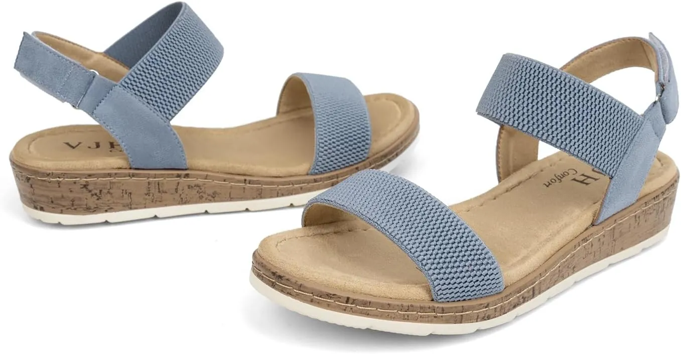 VJH confort Women’s Flat Sandals Open Toe Elastic Ankle Strap Slip on Comfy Low Wedge Sandals