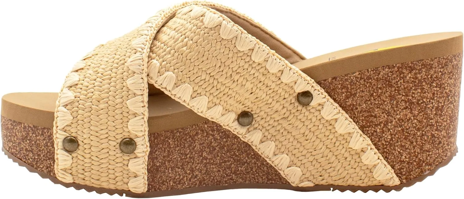 VOLATILE Womens Antigua Raffia Studded Slide Casual Sandals Casual Mid Heel 2-3" - Black