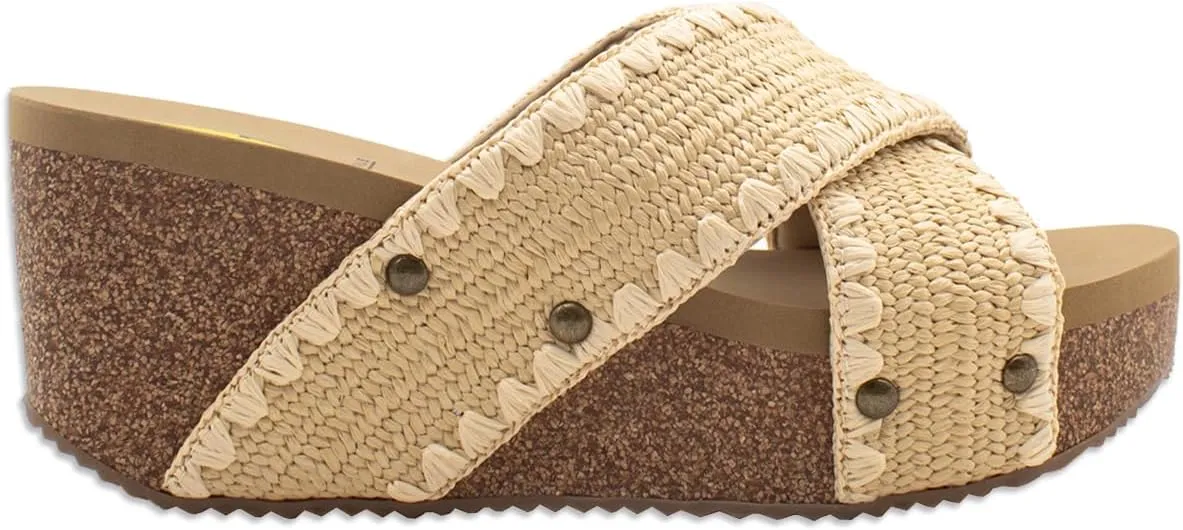 VOLATILE Womens Antigua Raffia Studded Slide Casual Sandals Casual Mid Heel 2-3" - Black