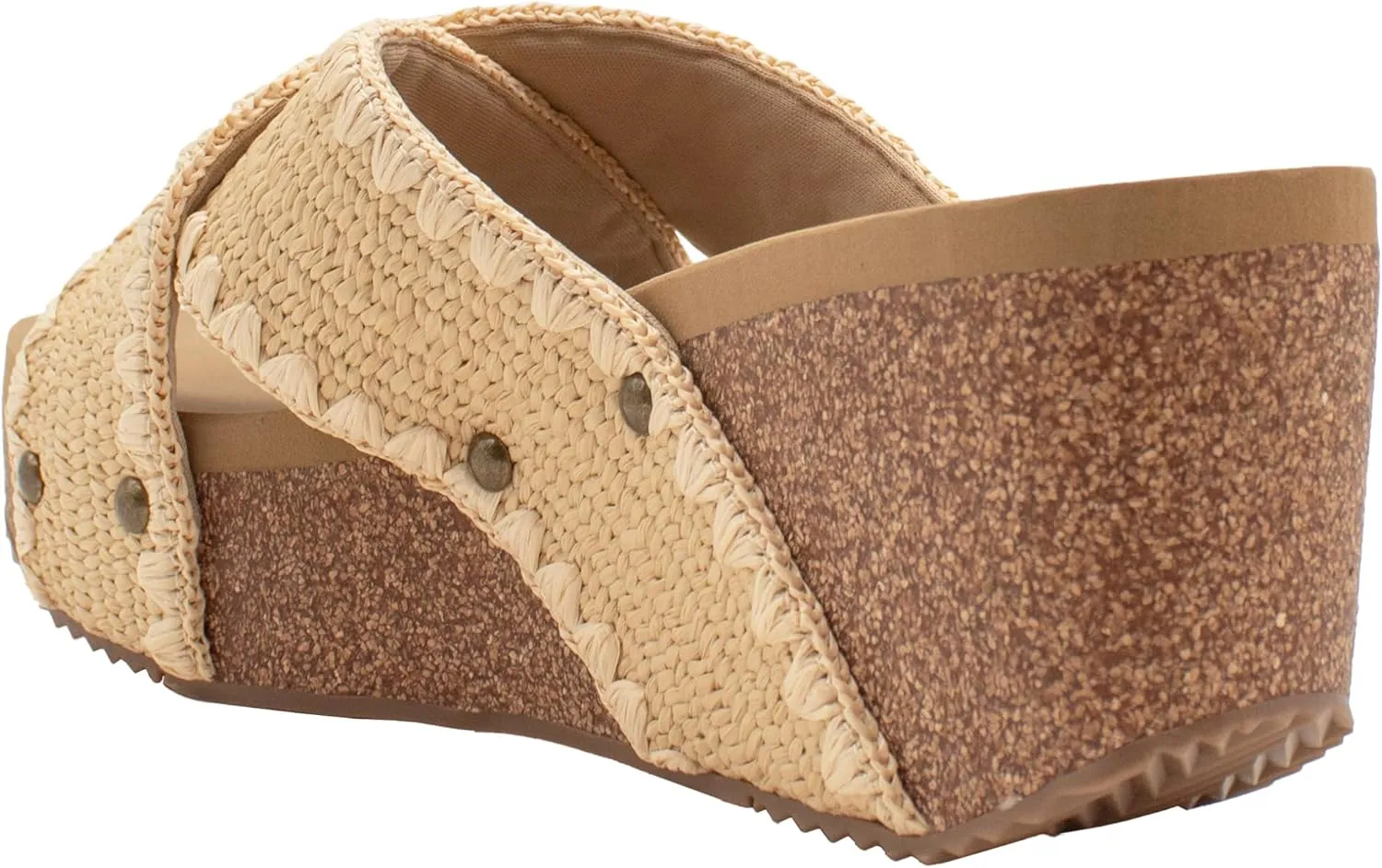 VOLATILE Womens Antigua Raffia Studded Slide Casual Sandals Casual Mid Heel 2-3" - Black