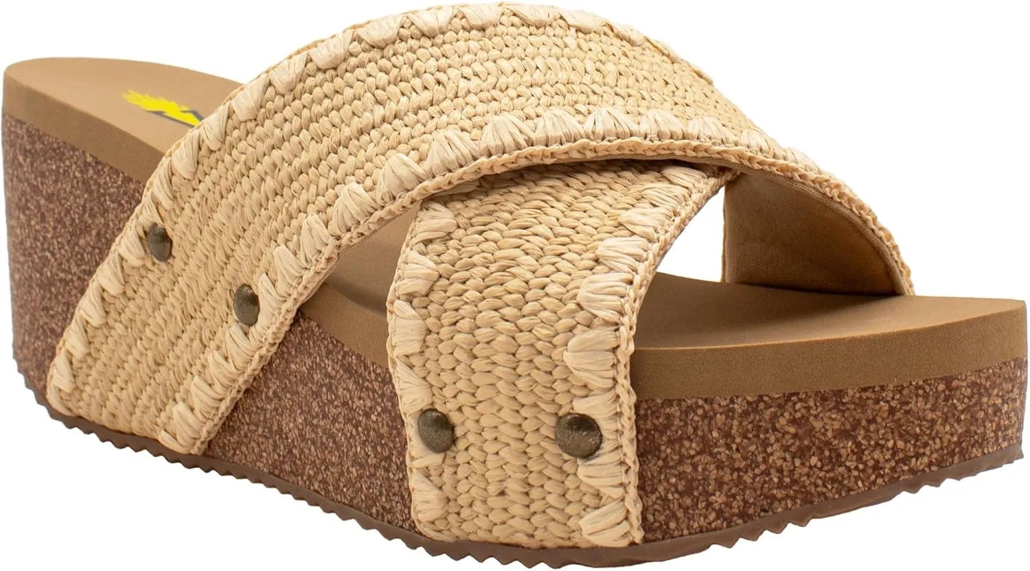 VOLATILE Womens Antigua Raffia Studded Slide Casual Sandals Casual Mid Heel 2-3" - Black