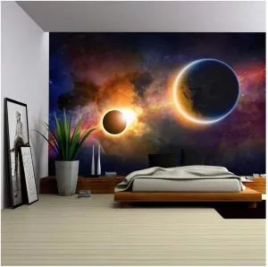 wall26 - Abstract Scientific Background - Glowing Planet Earth in Space, Solar Eclipse, Nebula and Stars - Removable Wall Mural | Self-Adhesive Large Wallpaper - 66x96 inches
