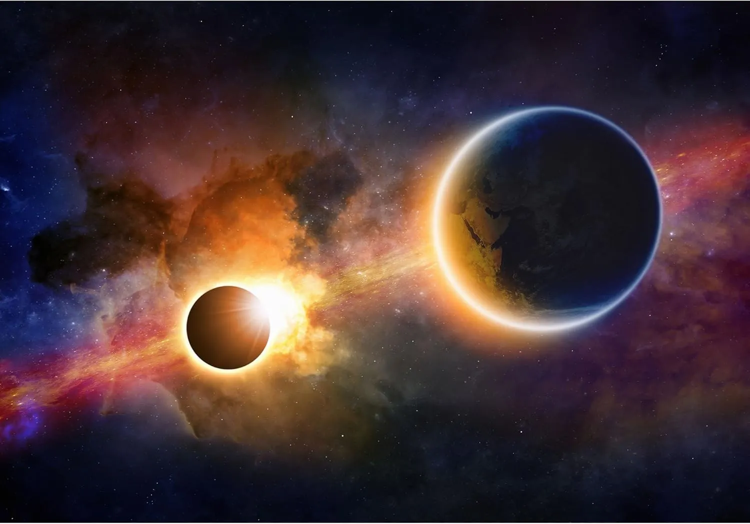 wall26 - Abstract Scientific Background - Glowing Planet Earth in Space, Solar Eclipse, Nebula and Stars - Removable Wall Mural | Self-Adhesive Large Wallpaper - 66x96 inches