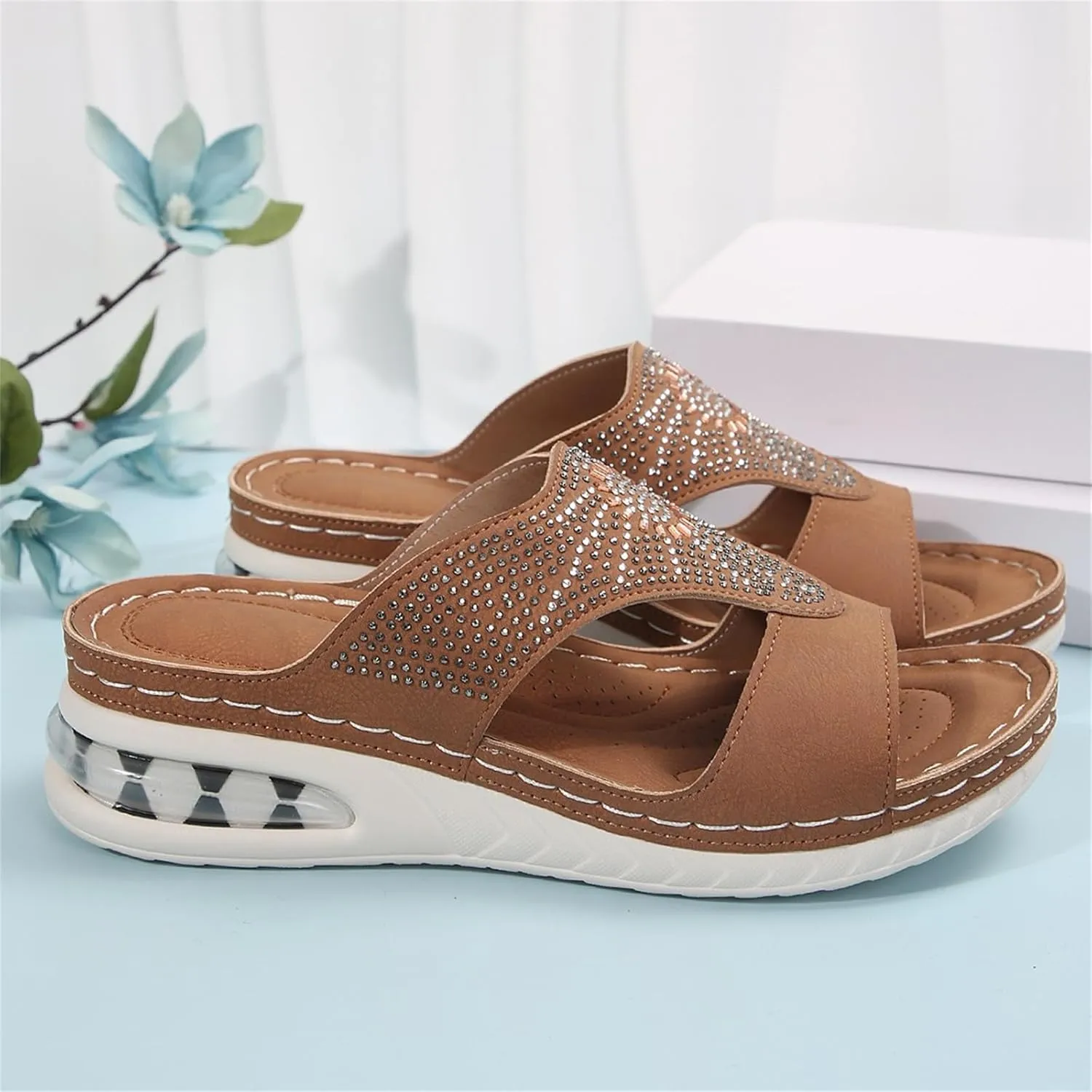 Wedge Sandals for Women Comfortable Orthopedic Slip On Slipper Sandals Crystals Rhinestone Bling Summer Shoes for Summer Beach Oceanside Holiday Outdoor