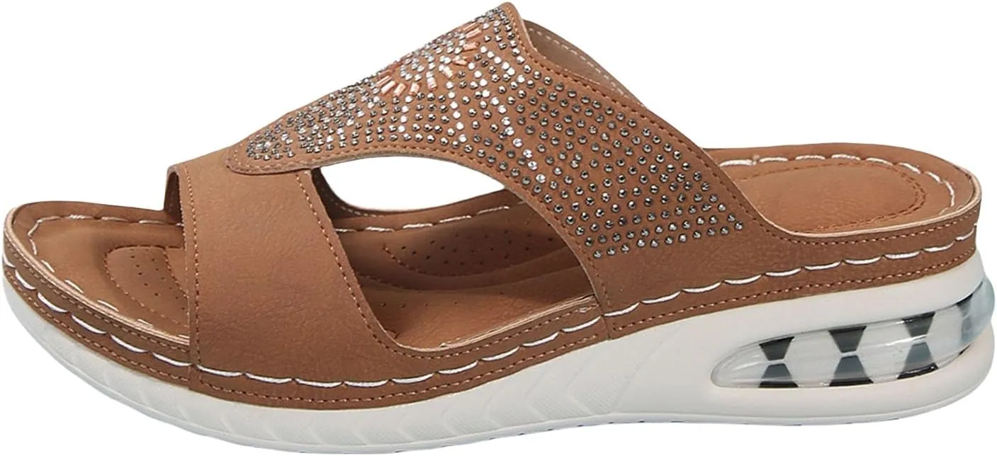 Wedge Sandals for Women Comfortable Orthopedic Slip On Slipper Sandals Crystals Rhinestone Bling Summer Shoes for Summer Beach Oceanside Holiday Outdoor