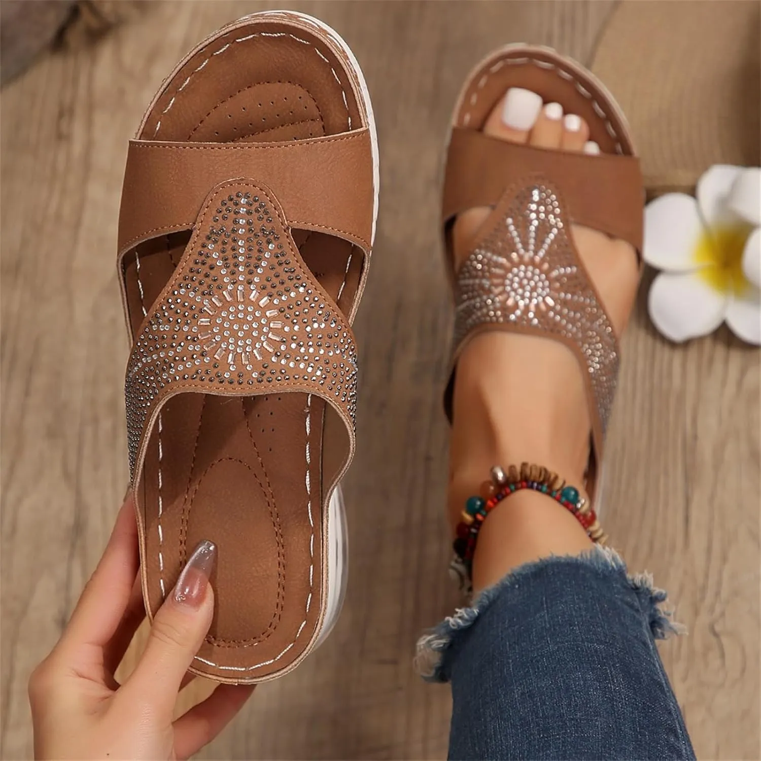 Wedge Sandals for Women Comfortable Orthopedic Slip On Slipper Sandals Crystals Rhinestone Bling Summer Shoes for Summer Beach Oceanside Holiday Outdoor