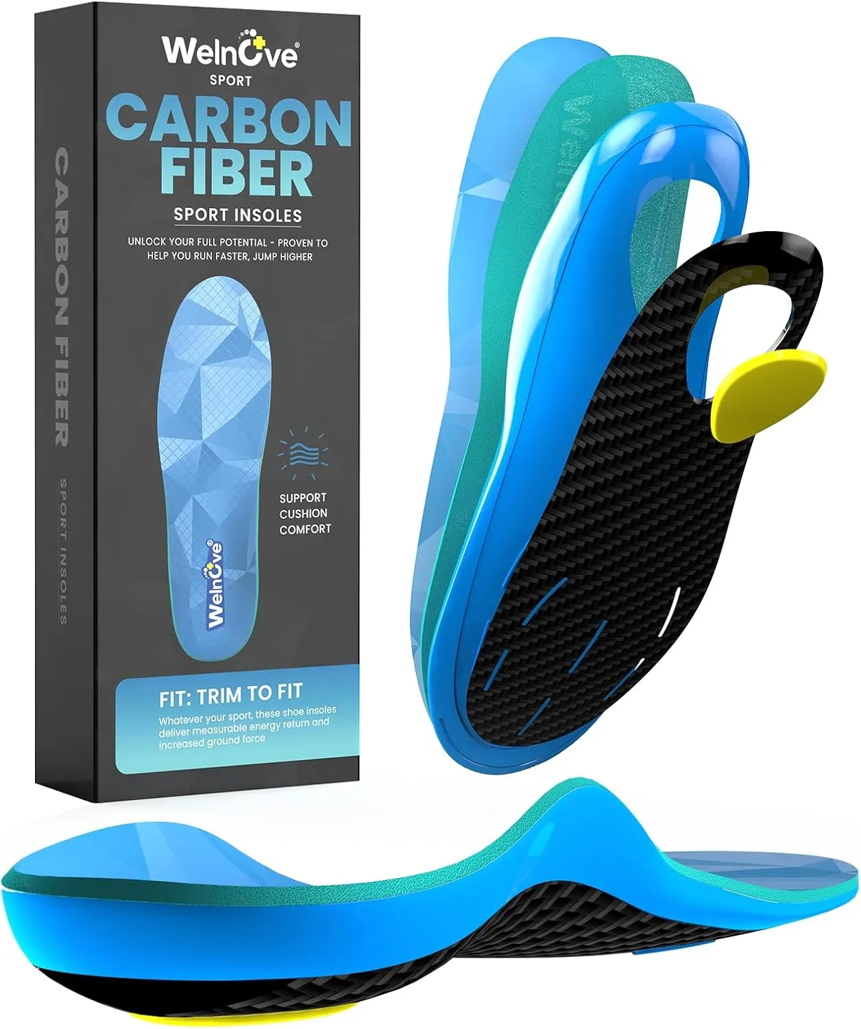 Welnove Carbon Fiber Sport Insoles with Arch Support, Shock Absorbing Orthotic Insoles for High Impact Sport- Increased Performance,Injury Protection- for Roomy Fit - 4.5-6 Men, 6-7.5 Women