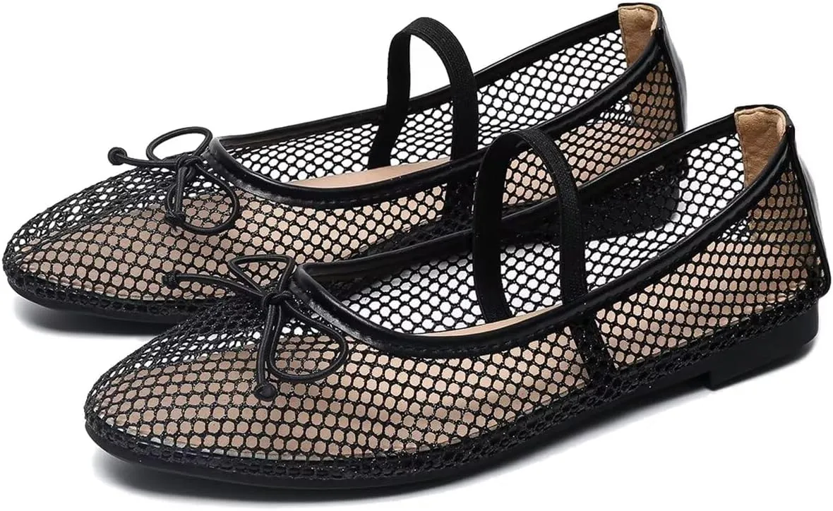 WENJIAZHIZHI Mesh Ballet Flats for Women Buckle Strap Comfy Breathable Shoes Casual Ballerina Shoes