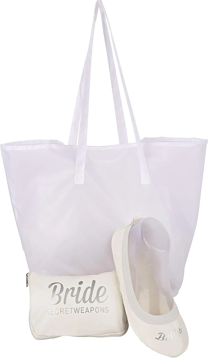 White Bride & Bridesmaid Fold Up Ballet Flats-Foldable Bridal Wedding Party Shoes with Bride & Bridesmaid Print-Cute Purse unfolds into a Tote Carry Bag