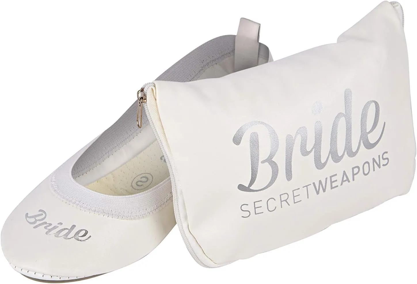 White Bride & Bridesmaid Fold Up Ballet Flats-Foldable Bridal Wedding Party Shoes with Bride & Bridesmaid Print-Cute Purse unfolds into a Tote Carry Bag