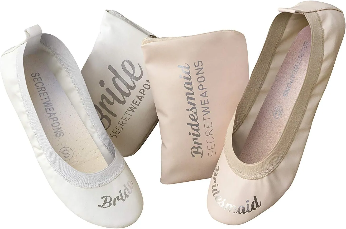 White Bride & Bridesmaid Fold Up Ballet Flats-Foldable Bridal Wedding Party Shoes with Bride & Bridesmaid Print-Cute Purse unfolds into a Tote Carry Bag