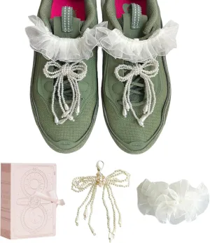 White Frill and Pearl Ribbon Shoe Charms - Decorative Shoelace Charms for Women's Sneakers DIY Shoe Accessories
