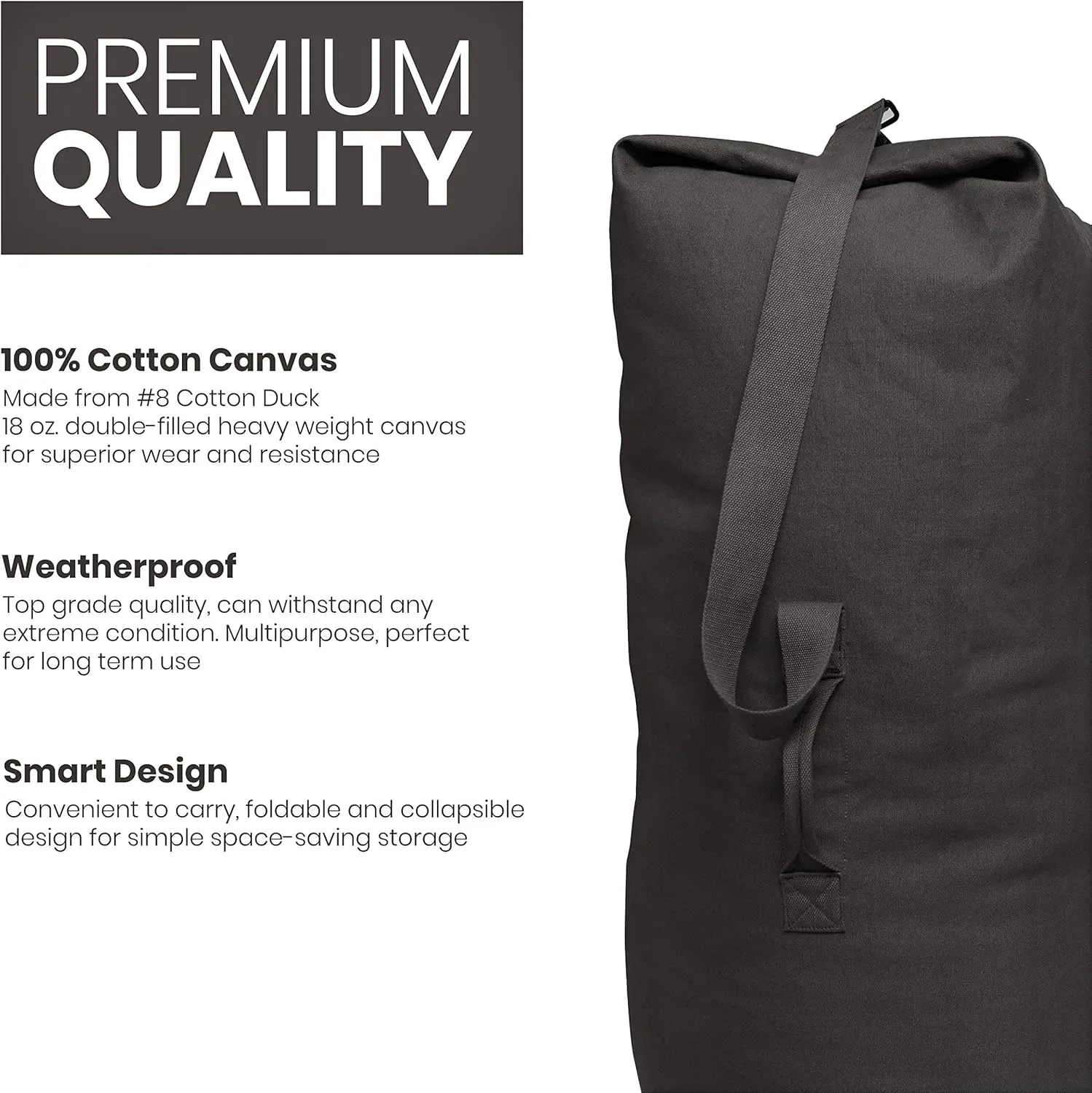 WHITEDUCK Top Load Canvas Folding Duffel Bag, Water Resistant Army Style Shoulder Bag for Men and Women- Gym, Sports, Travel, Hiking, Camping, Backpacking (Small 21" x 36",Black)