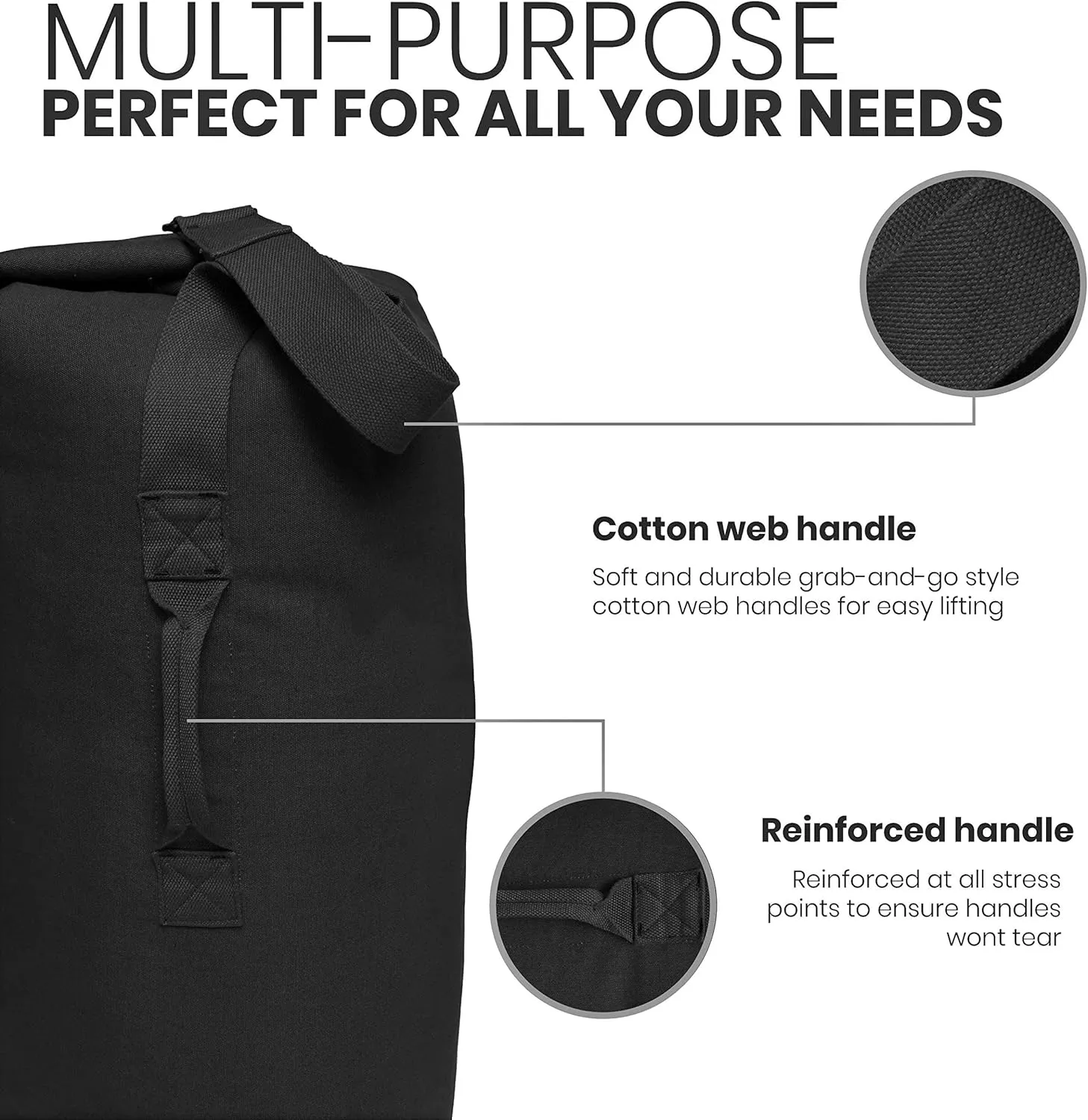 WHITEDUCK Top Load Canvas Folding Duffel Bag, Water Resistant Army Style Shoulder Bag for Men and Women- Gym, Sports, Travel, Hiking, Camping, Backpacking (Small 21" x 36",Black)