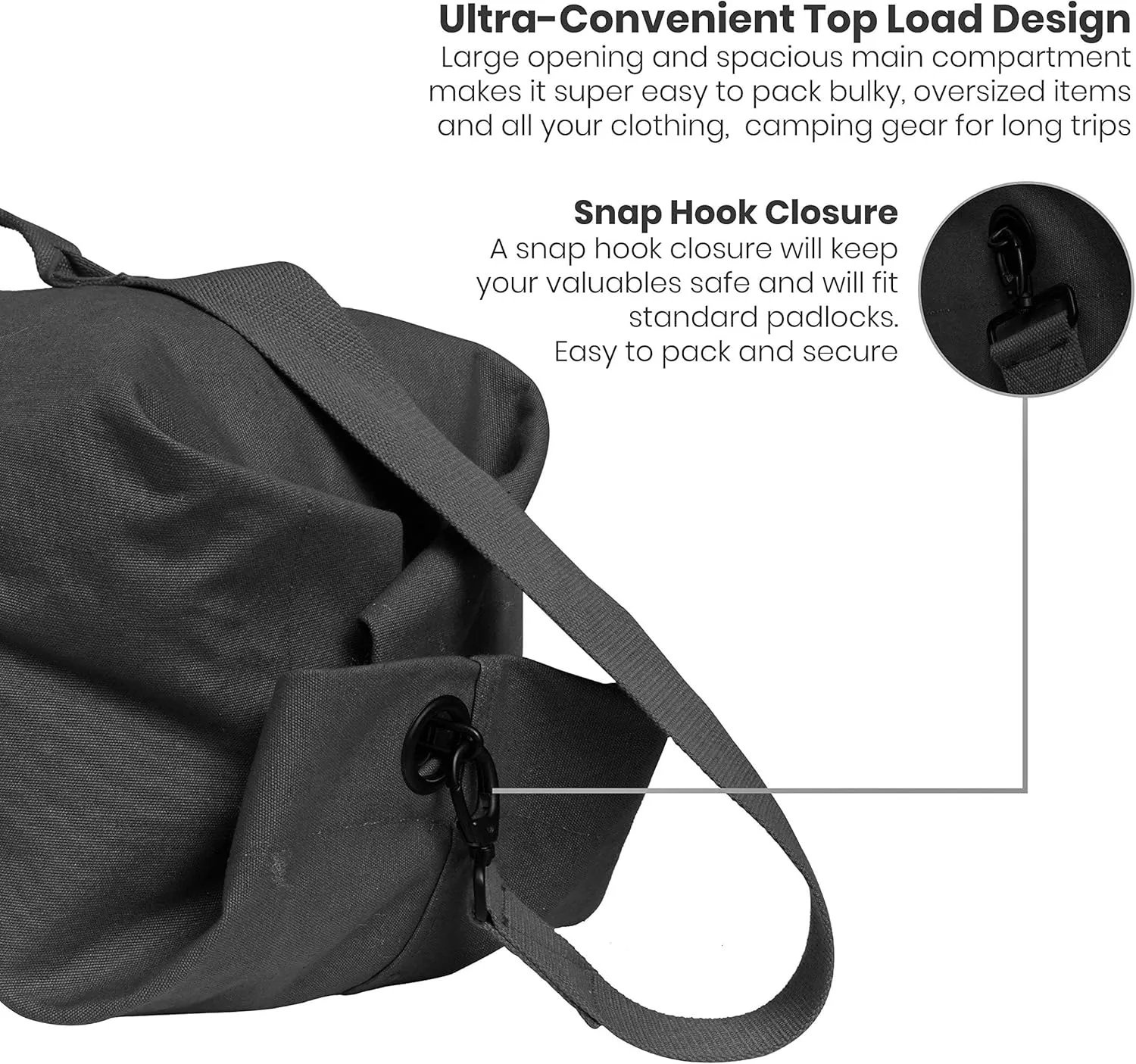WHITEDUCK Top Load Canvas Folding Duffel Bag, Water Resistant Army Style Shoulder Bag for Men and Women- Gym, Sports, Travel, Hiking, Camping, Backpacking (Small 21" x 36",Black)