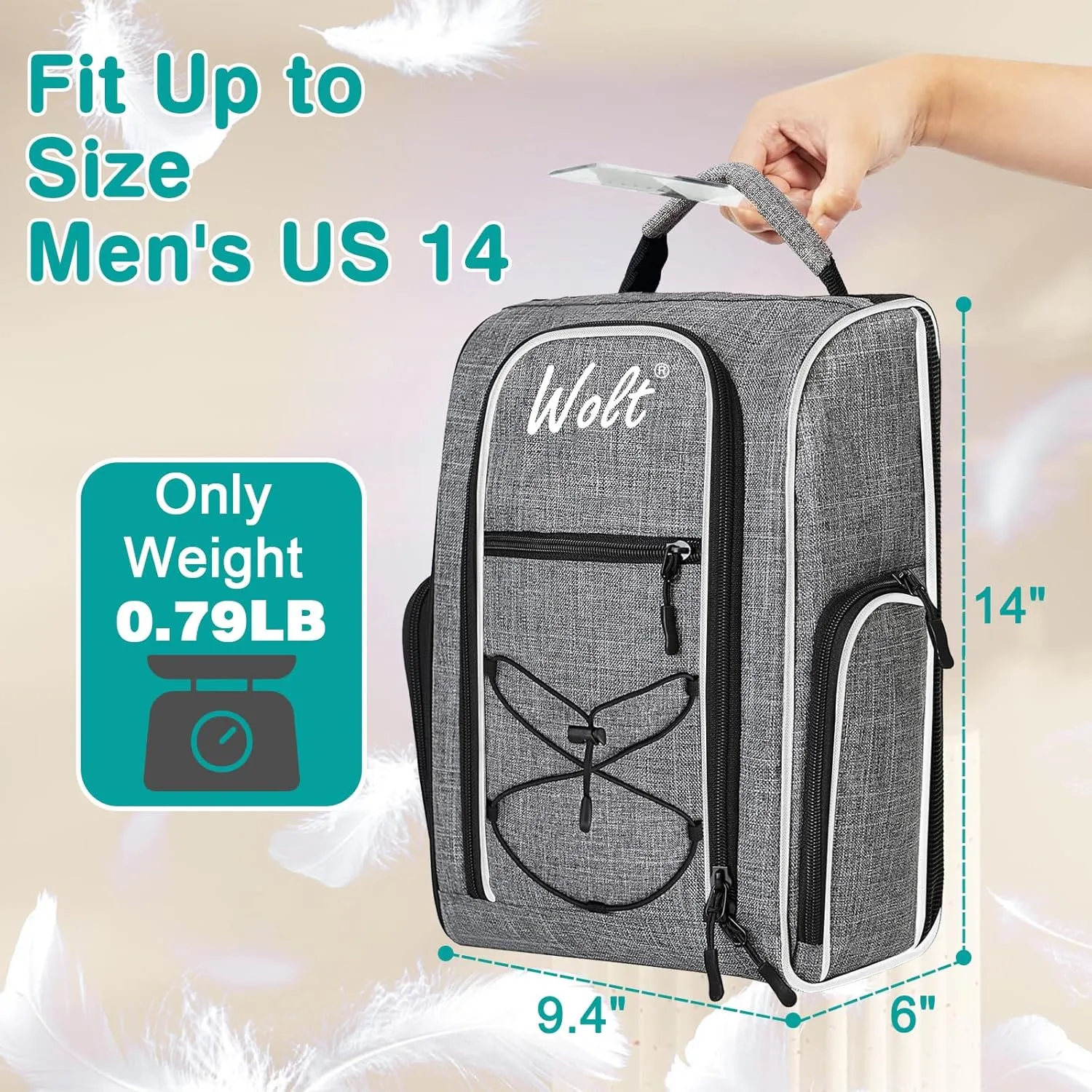 Wolt Golf Shoe Bag - Sports & Travel Shoes Carrier Bags with Ventilation & Double Outside Accessory Pocket for Socks, Tees, Golf Balls, etc. for women and men (Grey)