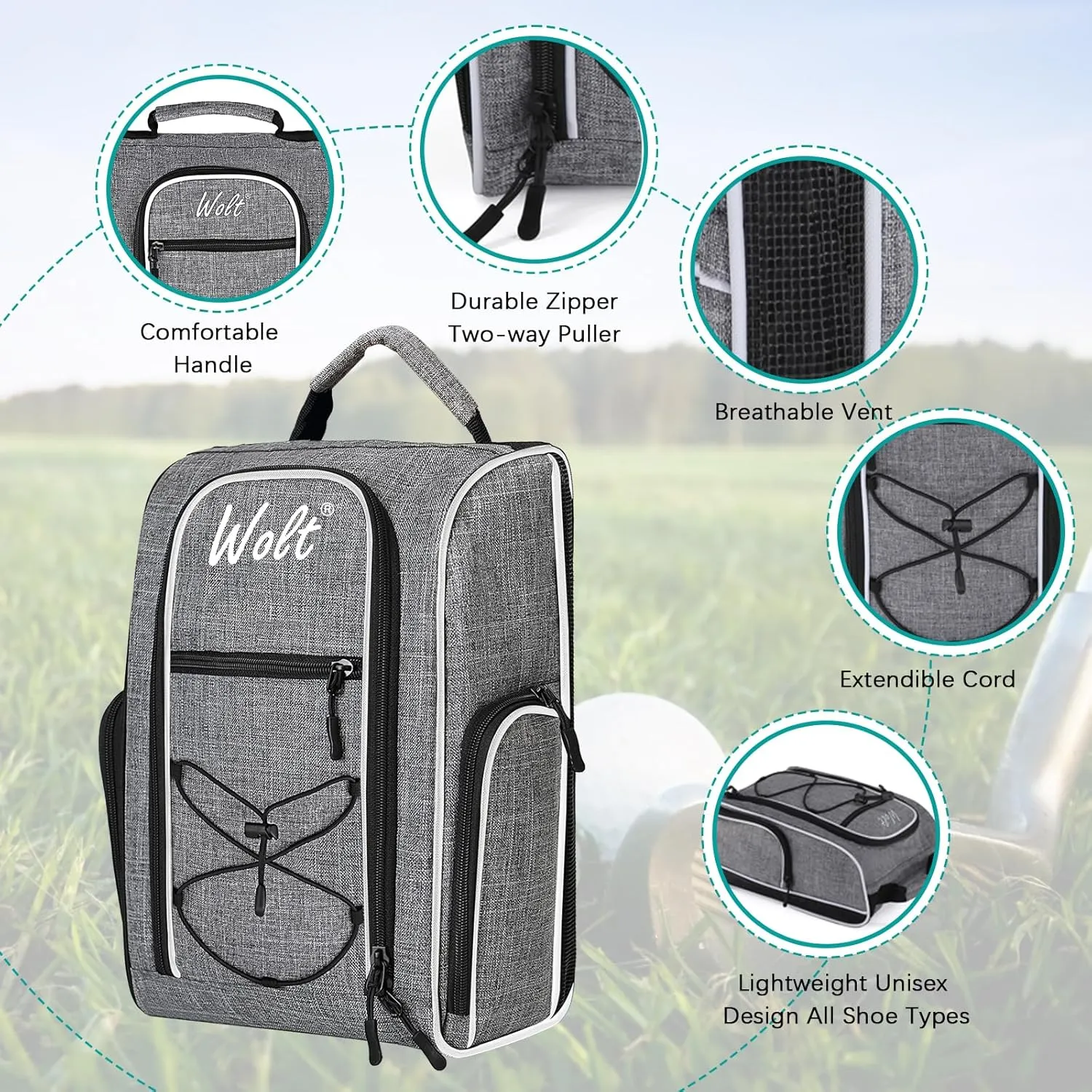Wolt Golf Shoe Bag - Sports & Travel Shoes Carrier Bags with Ventilation & Double Outside Accessory Pocket for Socks, Tees, Golf Balls, etc. for women and men (Grey)