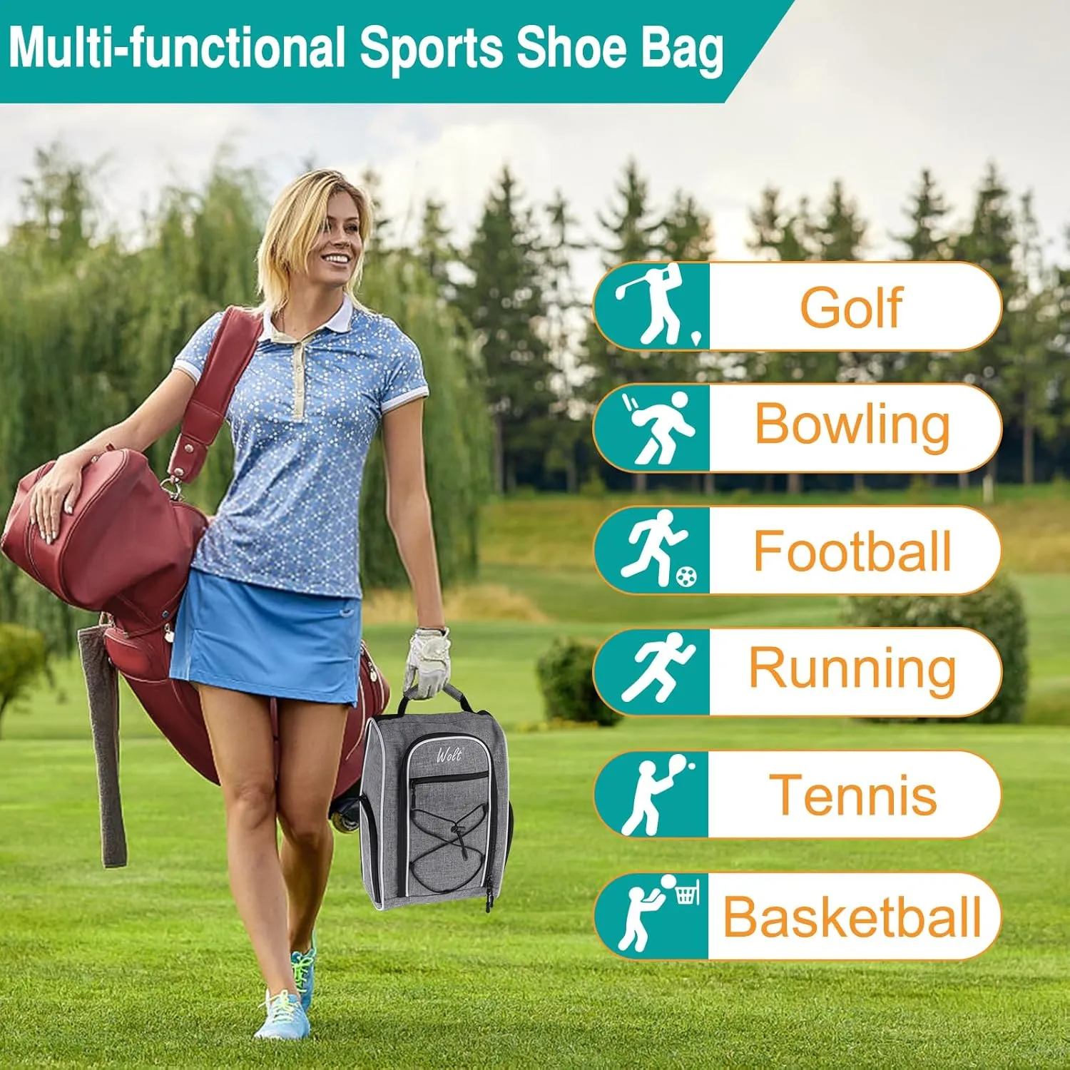 Wolt Golf Shoe Bag - Sports & Travel Shoes Carrier Bags with Ventilation & Double Outside Accessory Pocket for Socks, Tees, Golf Balls, etc. for women and men (Grey)